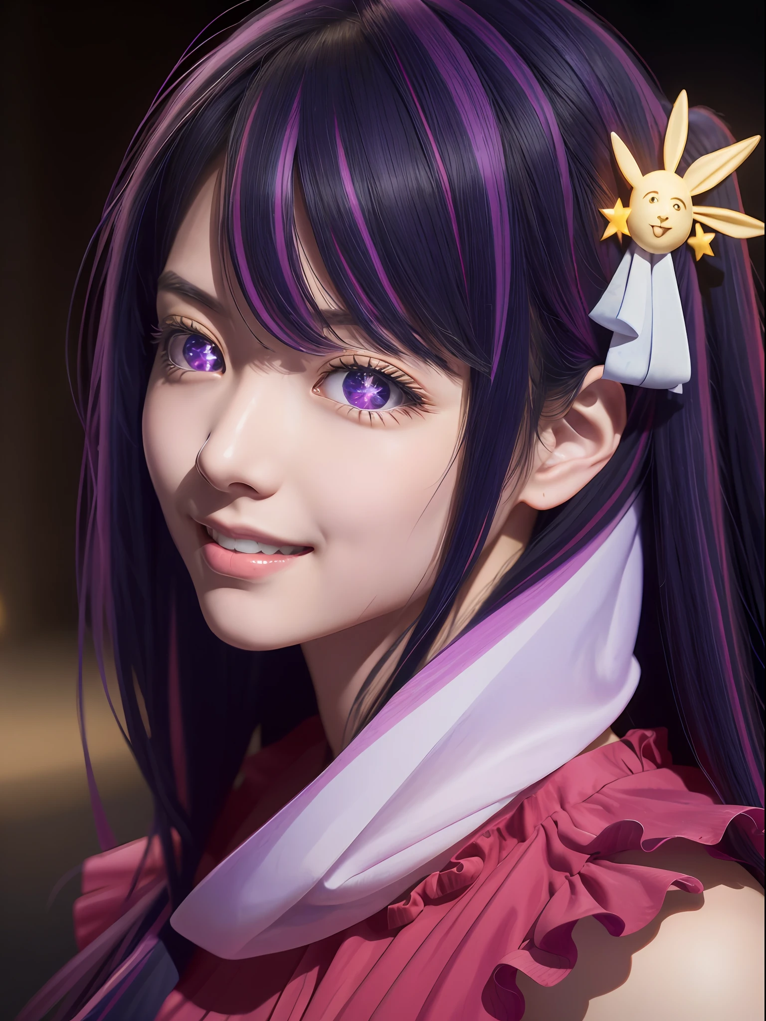 hoshino Ai, long hair, purple hair, streaked hair ,purple eyes, star-shaped pupils, (hair ornament),  star-shaped pupils, idol dress, full body, leg focus, (1 girl), (masterpiece, best quality:1.4),  1girl, solo, sfw, stunning girlfriend, (standing:1.1), highly detailed skin, skin pores, subsurface scattering, medium breast, sexy smile, looking at viewer, full lips, detailed background, depth of field, volumetric lighting, sharp focus, absurdres, realistic proportions, good anatomy, (realistic, hyperrealistic:1.4), 16k hdr,