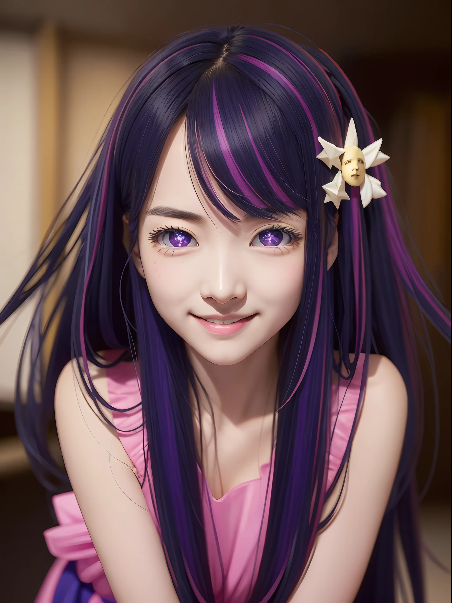 hoshino Ai, long hair, purple hair, streaked hair ,purple eyes, star-shaped pupils, (hair ornament),  star-shaped pupils, idol dress, full body, leg focus, (1 girl), (masterpiece, best quality:1.4),  1girl, solo, sfw, stunning girlfriend, (standing:1.1), highly detailed skin, skin pores, subsurface scattering, medium breast, sexy smile, looking at viewer, full lips, detailed background, depth of field, volumetric lighting, sharp focus, absurdres, realistic proportions, good anatomy, (realistic, hyperrealistic:1.4), 16k hdr,