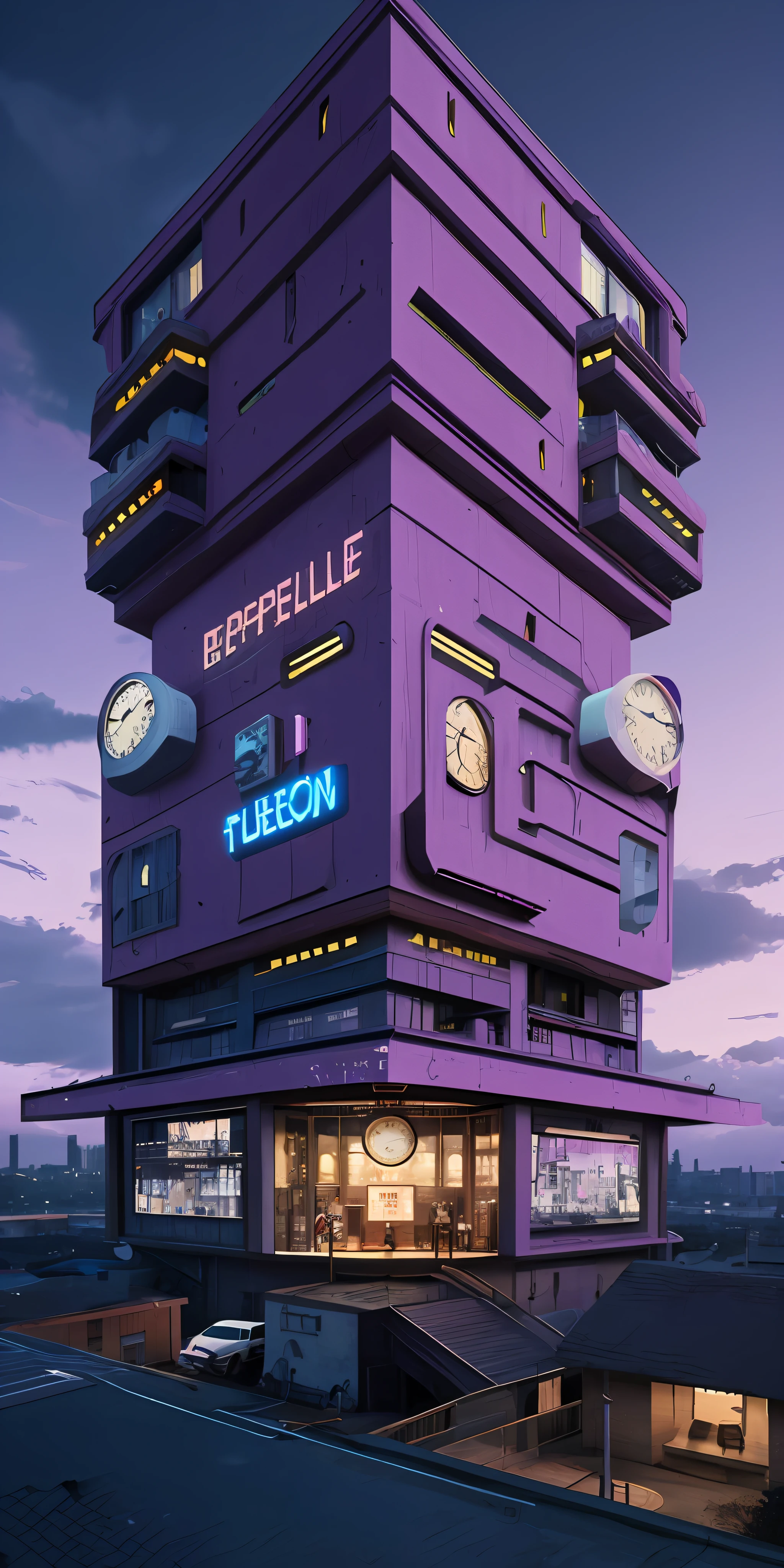 A masterpiece by Beeple, depicting a futuristic building with a clock on its face, set against a captivating purple sky at night. The artwork is photorealistic and showcases incredible ultra-detailed craftsmanship.