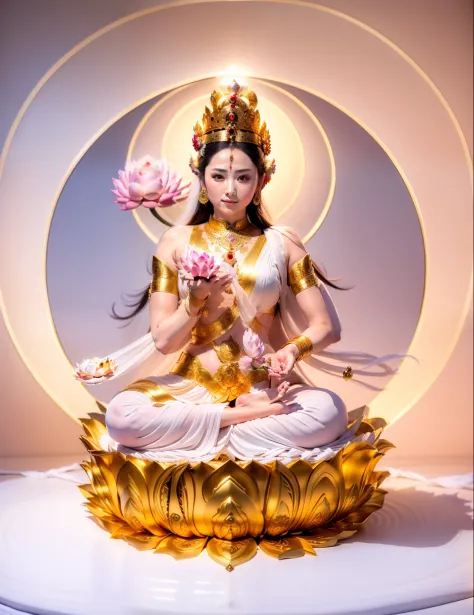 beautiful goddess，goddes，goddess in white，fair skin is delicate and smooth，crown，yingluo，sitting on a lotus flower，the head back...