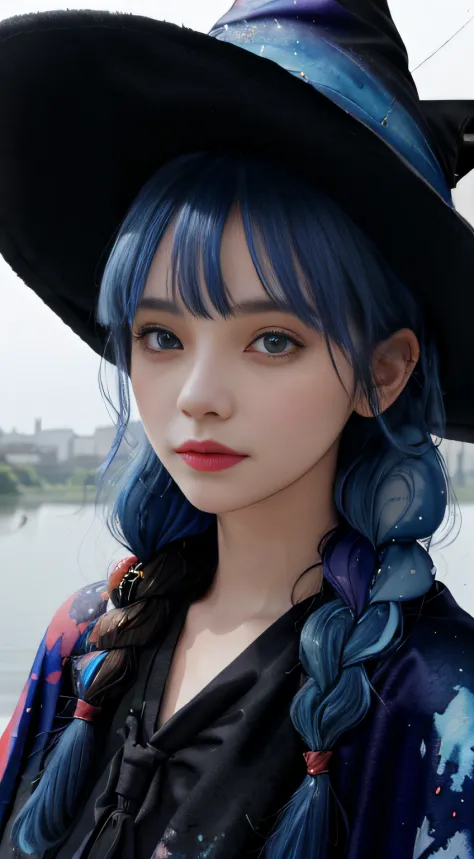 (watercolor:1.2),.roxy migurdia, 1girl, bangs, black headwear, witch hat, blue eyes, blue hair, braid, brown cape, floating hair...