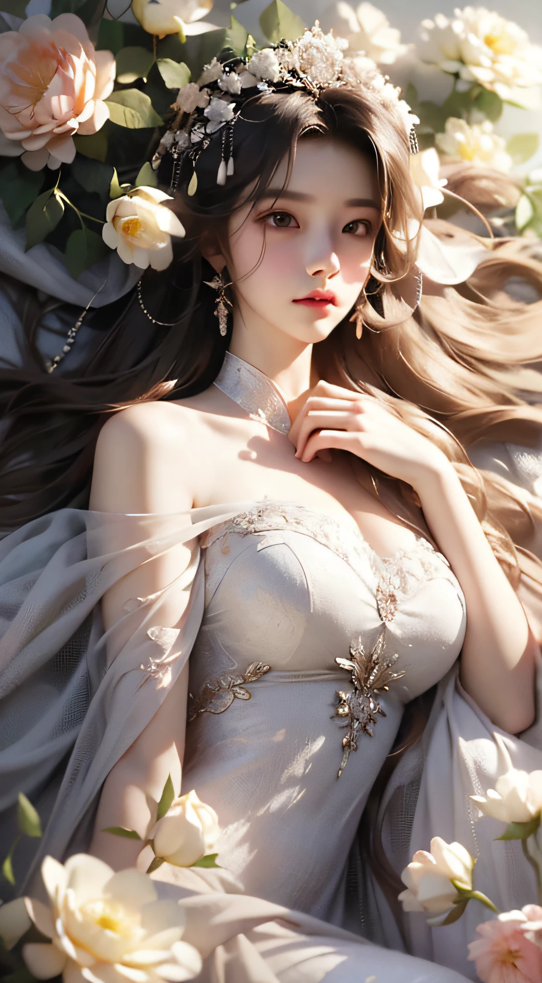 1个巨乳少女，全身照，亚麻色头发，飘浮的头发，朦胧美，极其美丽的五官，白色刺绣连衣裙，头上戴着发夹，躺在花丛中，手拖着下巴，完美的手，非常大巨大，玫瑰花，（春天， 雨天，蝴蝶，悬崖）， 简单的矢量艺术， 中国当代艺术，  柔和的灯光， 缠结的围巾，俯瞰