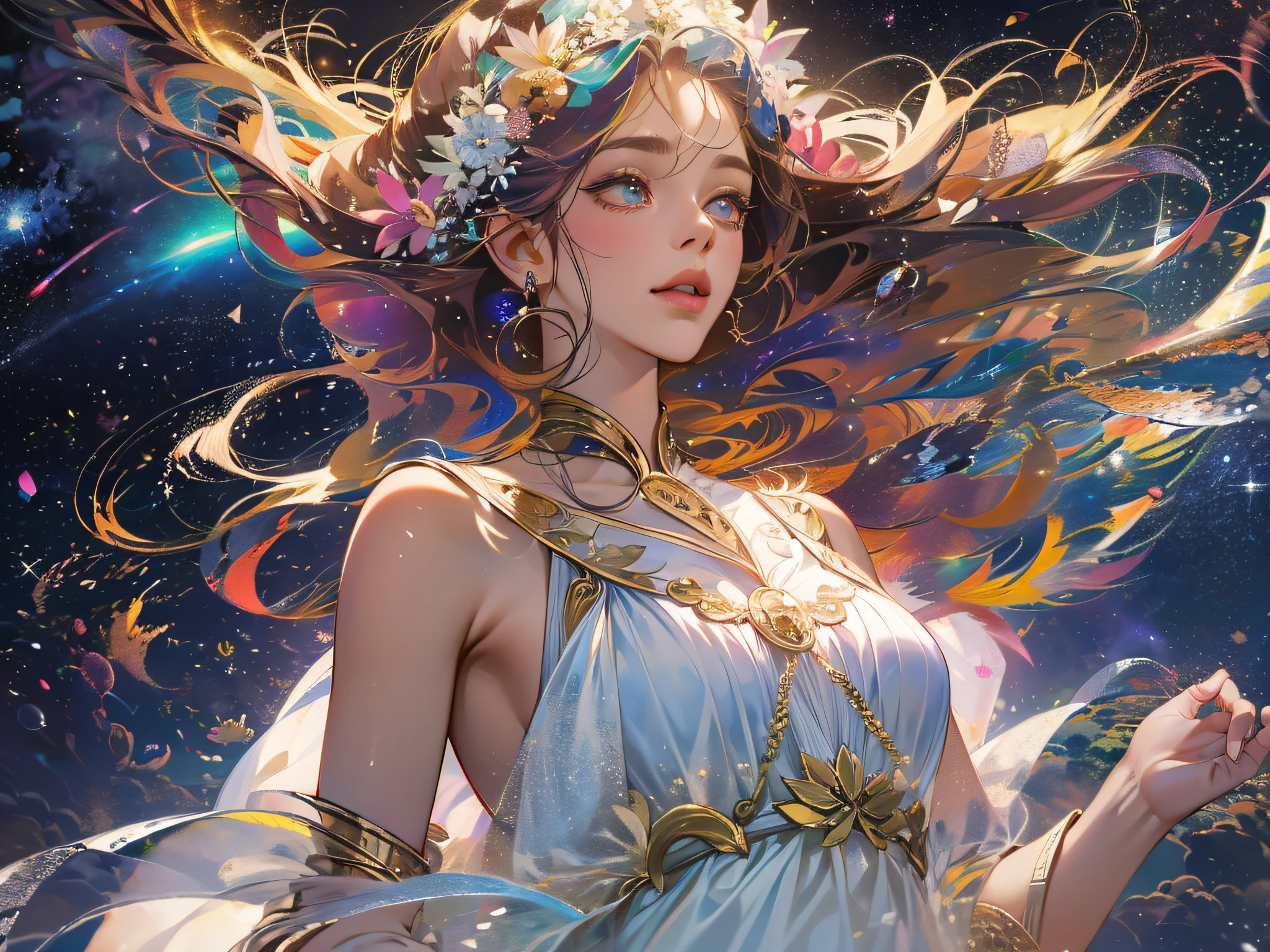 high quality, best quality, masterpiece, detailed portrait of female 1girl, long hair, (floating, space, galaxy, colorful), warm lighting, goddess, galaxy, scenery, multicolored flower crown in hair, {{{best quality}}}, {{ultra-detailed}}, {illustration}, cinematic angle, {detailed light},cinematic lighting, ancient greek dress, celestial, white tunic dress