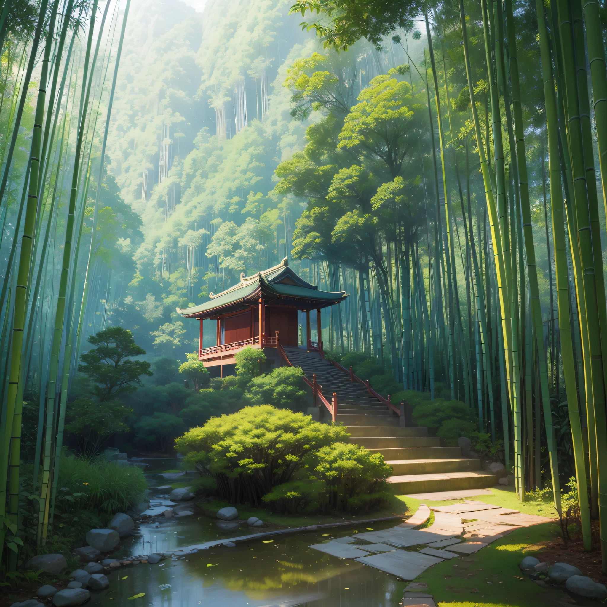 Pure landscape view、bamboo forrest、It was raining in the bamboo forest、bamboos、Bamboo leaves fall everywhere、Beautiful artistic conception、precipice、Green、Steps are clearly visible、China-style、Chinese characteristics