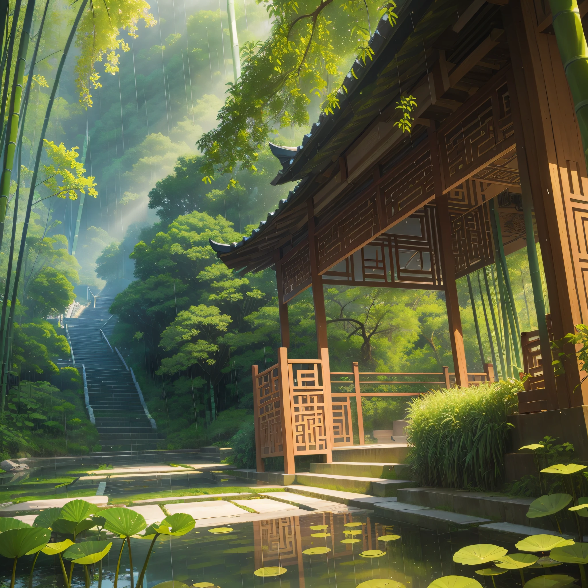 Pure landscape view、bamboo forrest、It was raining in the bamboo forest、bamboos、Bamboo leaves fall everywhere、Beautiful artistic conception、precipice、Green、Steps are clearly visible、China-style、Chinese characteristics、Pond lotus