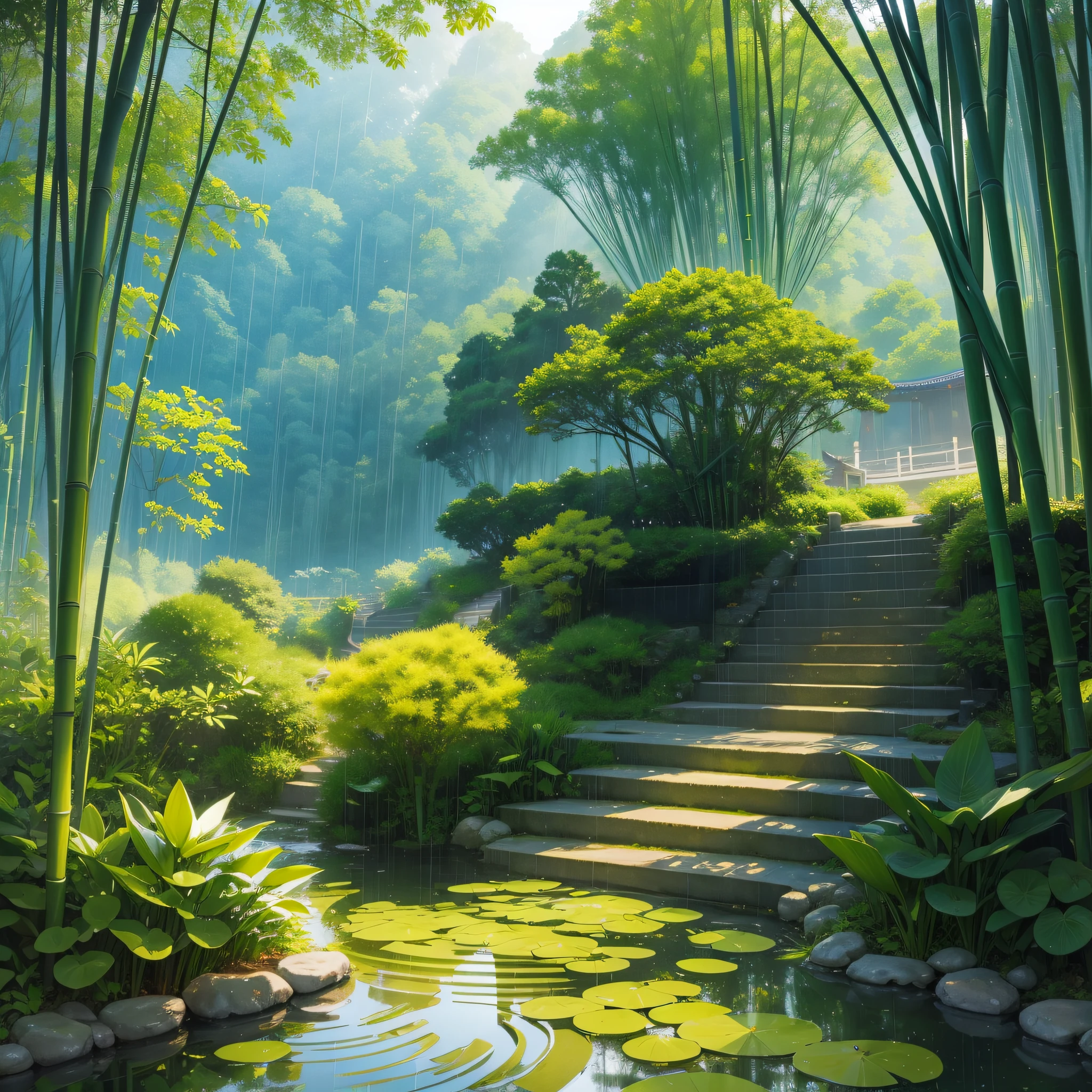 Pure landscape view、bamboo forrest、It was raining in the bamboo forest、bamboos、Bamboo leaves fall everywhere、Beautiful artistic conception、precipice、Green、Steps are clearly visible、China-style、Chinese characteristics、Pond lotus