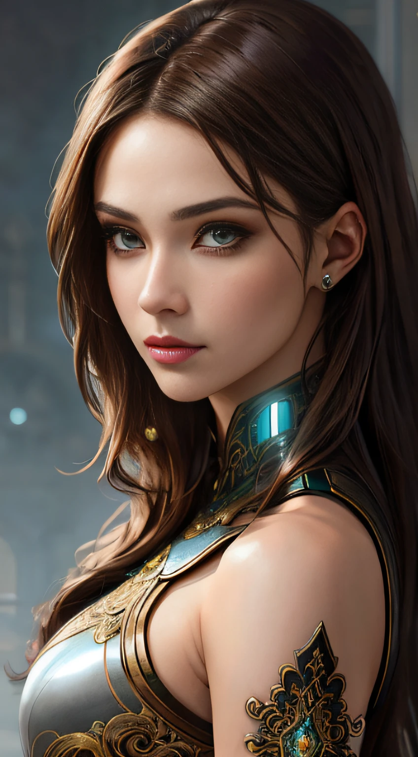 Wunderschönes Cyborg-Porträt mit 8k braunem Haar，kompliziert，Eleganz，Sehr gewissenhaft，Ein majestätisches，Digitale Fotografie，Die Kunst wurde von Artgerm und Ruan Jia und Greg Rutkowski von Surrealist Filigran gemalt，brokenglass，（Meisterstück，Sideslit，Exquisite und schöne Augen：1.2 ), Bericht zur menschlichen Entwicklung,