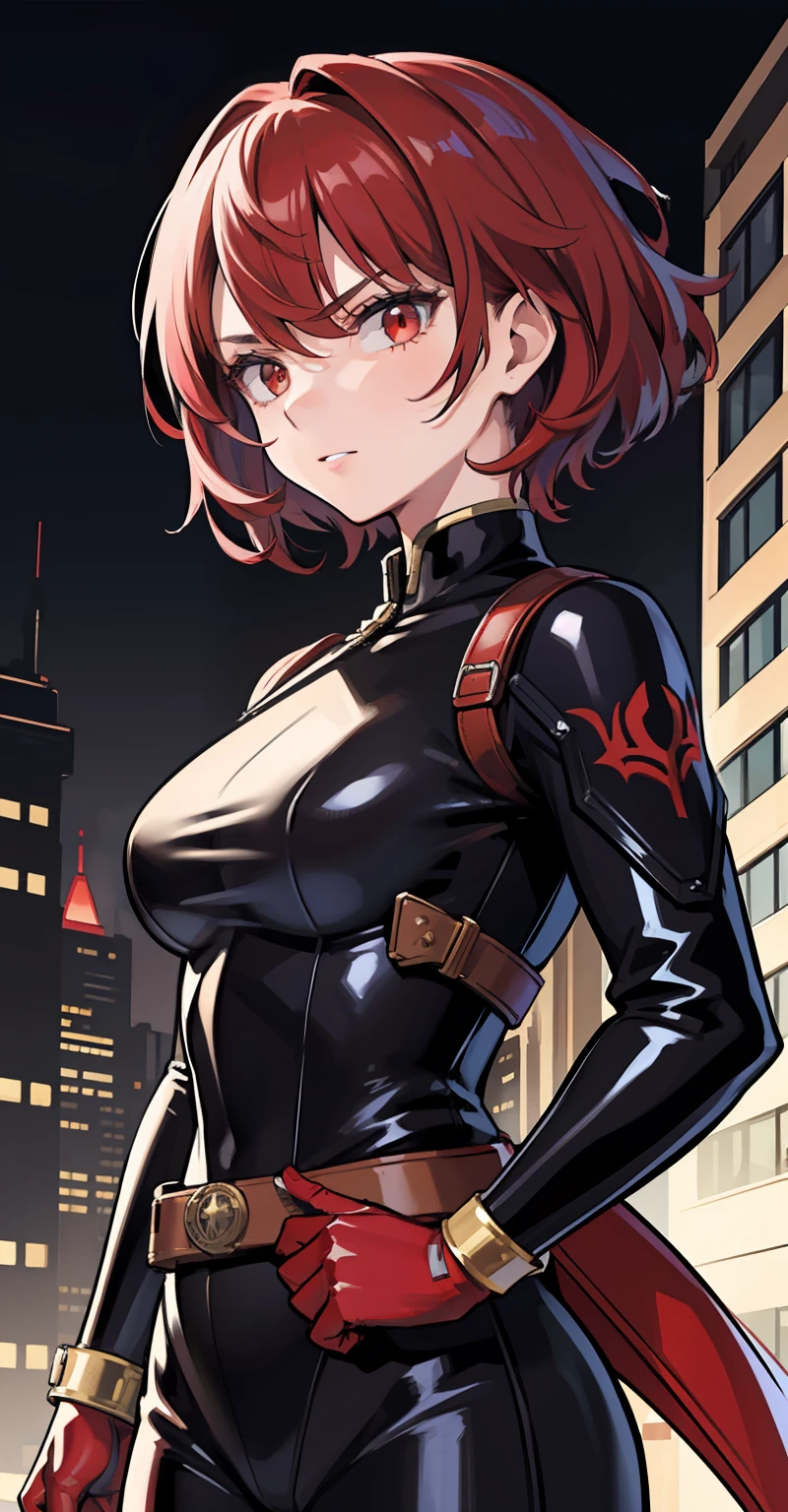 1girl, masterpiece, lady_nagant, short hair, red hair,  red eyes, serious, black suit, portrait, mechanical belt, night city background, latex,