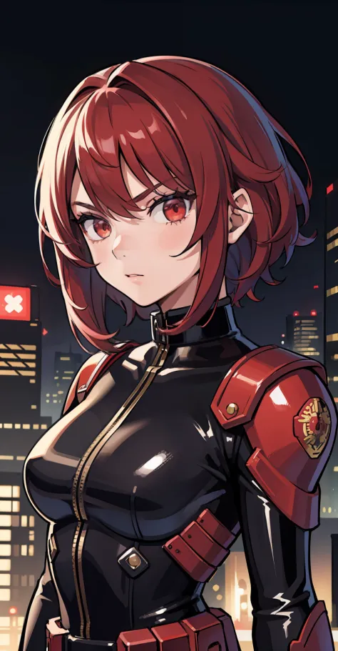 1girl, masterpiece, lady_nagant, short hair, red hair,  red eyes, serious, black suit, portrait, mechanical belt, night city bac...