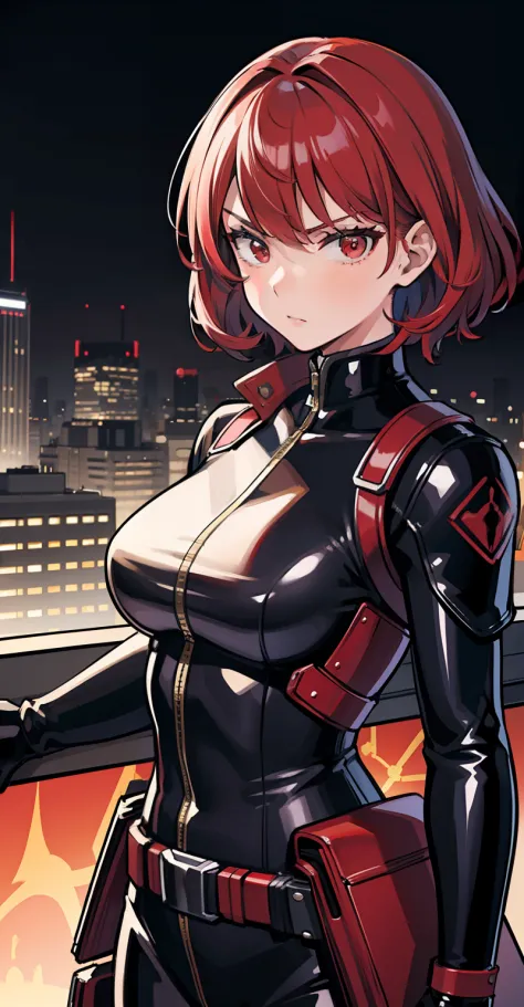 1girl, masterpiece, lady_nagant, short hair, red hair,  red eyes, serious, black suit, portrait, mechanical belt, night city bac...