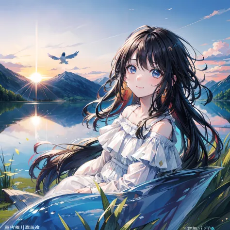 pixels、With the beautiful sunrise by the lake in the background、It is an 8K ultra-high definition illustration of a young woman sitting on a grassy field。She wears a brightly colored watermelon swimsuit、The glittering water droplets shining on the surface ...