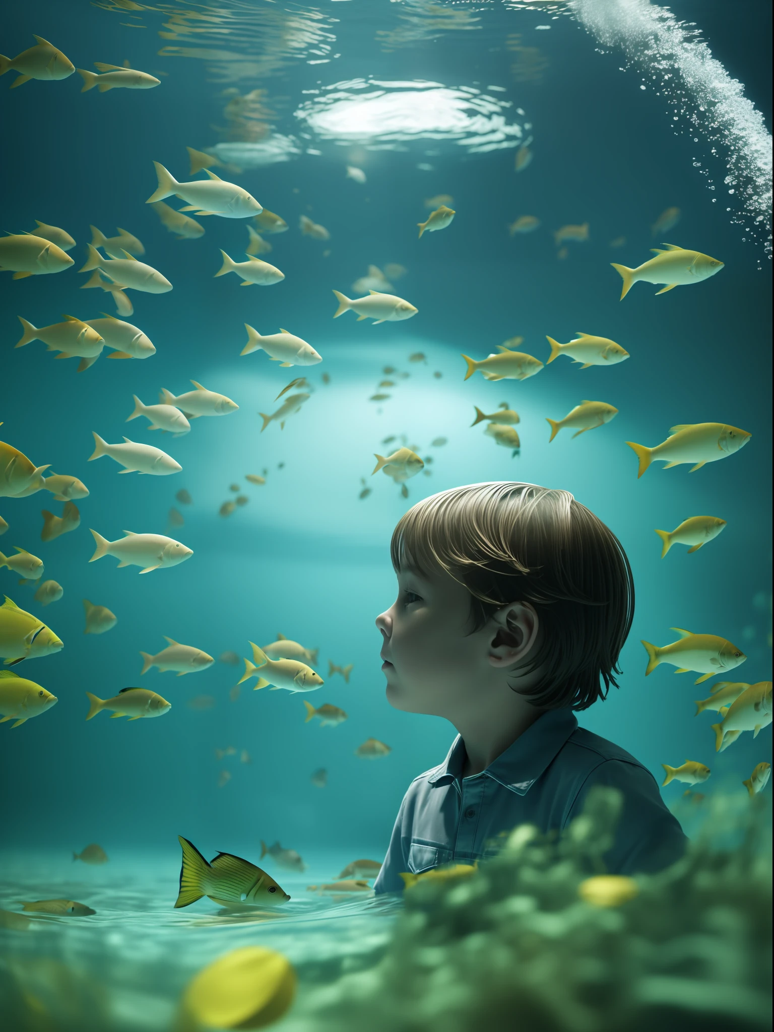 An underwater scene where fish swim, in the style of Rene Magritte, A kid watches in wonder from his bubble, High key lighting, Liquid Bismuth, Underwater cave, Close-up shot of the kid amidst this surreal scene, Rendered by Alec Soth with unreal engine 5, Luminism, cinematic lighting, blurry foreground, foreshortening, retina, textured skin, anatomically correct, best quality, award winning