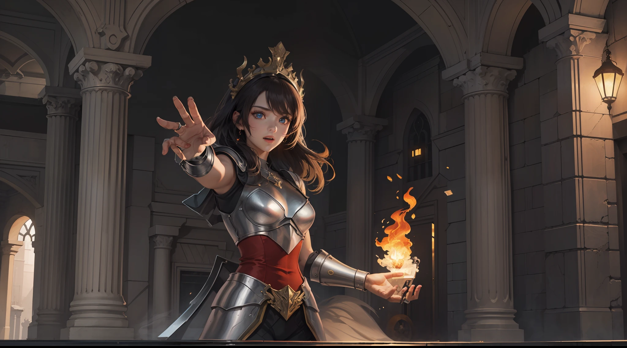 (Extremely detailed Cg Unity 8K wallpaper,Masterpiece, Best quality, Ultra-detailed, Beautiful detailed eyes:1.2),Best illumination, (Best shadow, An extremely delicate and beautiful, full bloom),
1girll,Solo,Large breasts，Heavy armor，complex patterns，Long hair,Holding a shield,Film filter, Hellfire,full bodyesbian,demon,Flame,Greek temple，dramatics，dynamicposes，illusory engine， (High detail: 1.9)