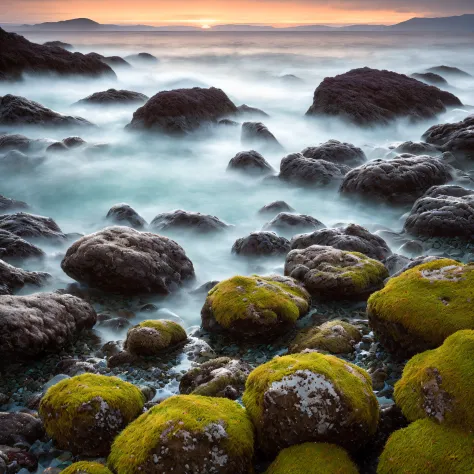 a close up of a rocky beach with rocks and water, glowing rocks, mossy rocks, mystical setting, mossy rock, mossy stone, landsca...