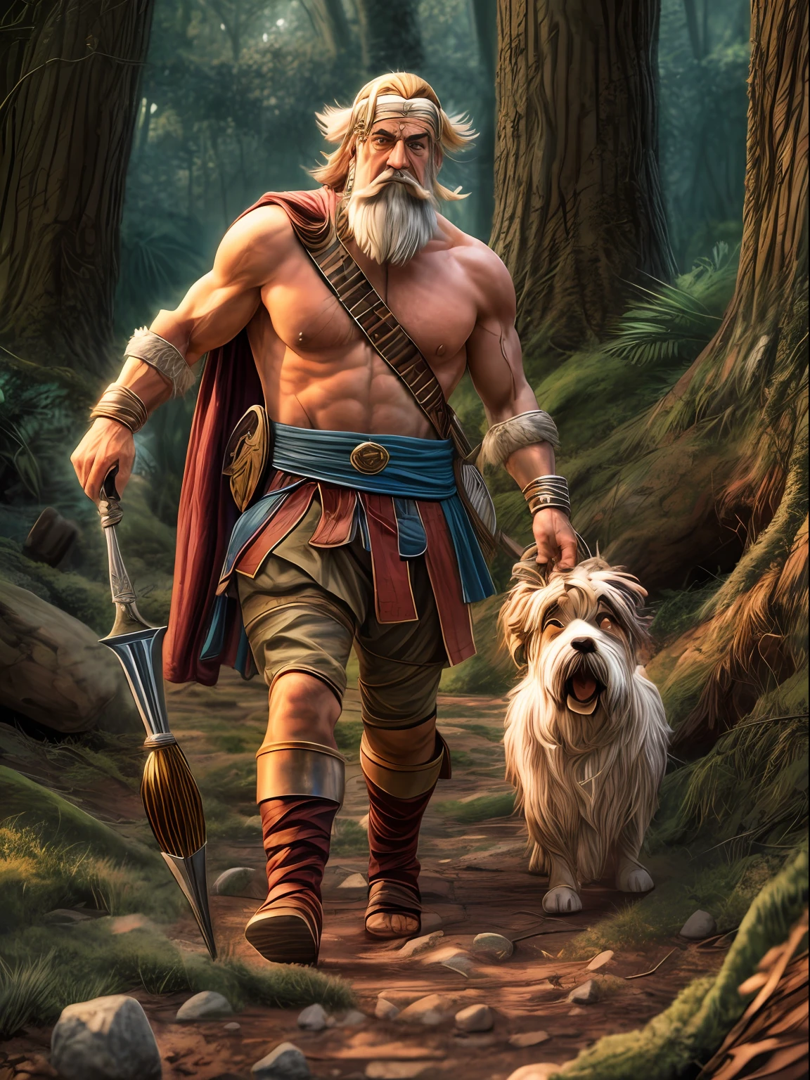 A cinematic photorealistic color digital painting of Asterix the warrior of Galia at the woods, walks home from Rome, insanely detailed and intricate, crisp sharp and clear, volumetric lighting, ultra-high resolution, masterpiece hyper realistic artwork of D'Albert Uderzo, Cinematographic scene by Steven Spielberg, centered, Professional color grading by Kenneth Hines Jr.
