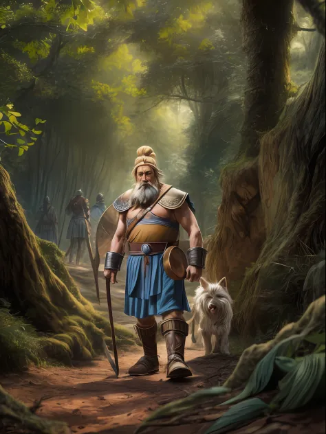 A cinematic photorealistic color digital painting of Asterix the warrior of Galia at the woods, walks home from Rome, insanely d...