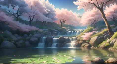 Masterpiece, best quality, (very detailed CG unified 8k wallpaper) (best quality), (best illustration), (best shadow) Vivid colors, jungle, water, natural beauty, oasis of tranquility, cherry blossom trees, blue sky Ray tracing, super detailed , ancient po...