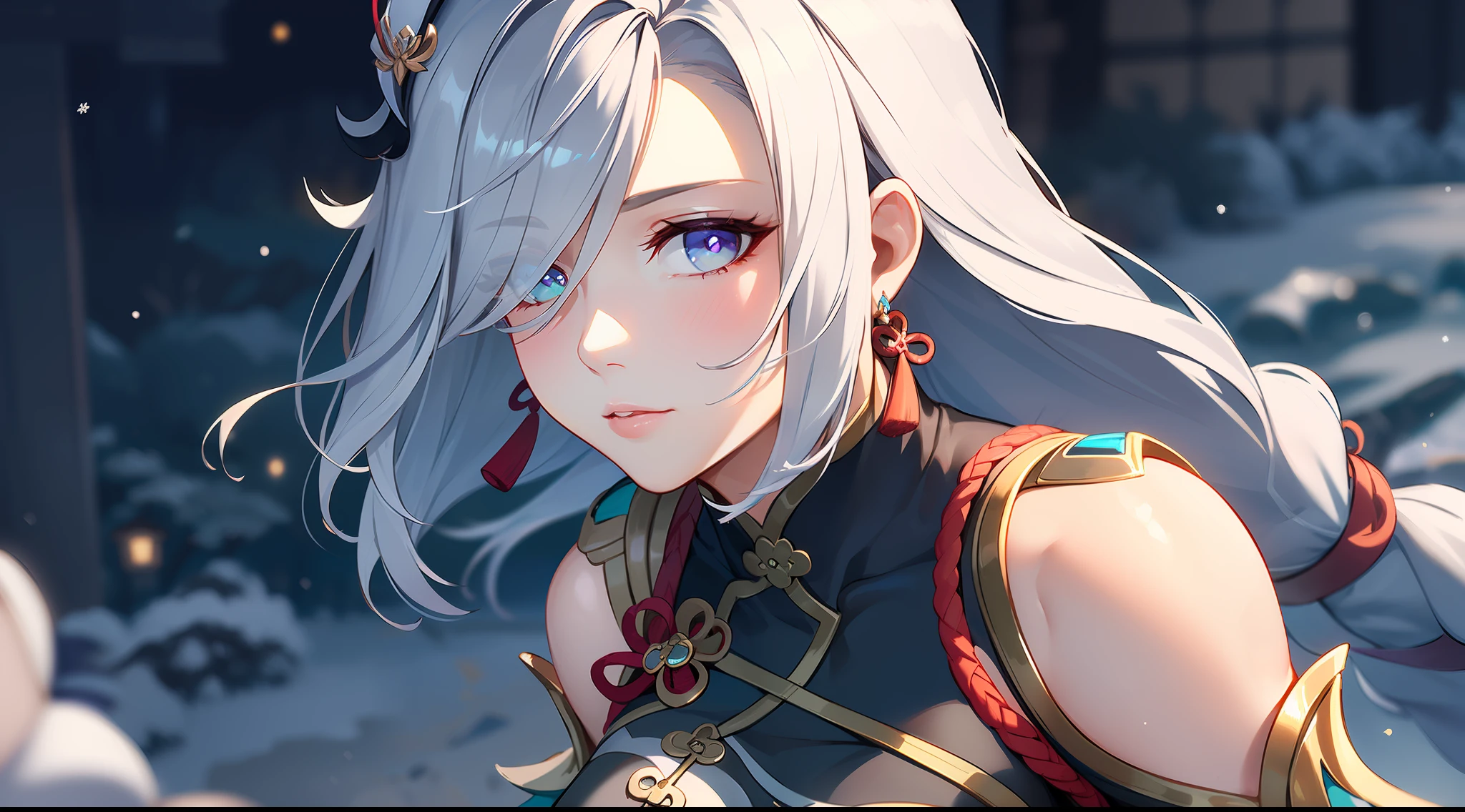 shenhedef, upper body, seductive look, blush, outdoors, snowflake scenery, looking at viewer, cloudy, moody lighting, (perfect detail eyes:1.2), glowing eyes, (long hair one braid:1.2), elemental skill effect, (Masterpiece, Best Quality, High Quality:1.4), professional artwork, Intricate Details, field of view, sharp focus, detailed painting, photorealistic lighting, trending on pixiv, (vivid lighting, vibrant colors:1.05), realistic shadows, ambient occlusion, (athletic body:1.3), mature woman, 30yo,