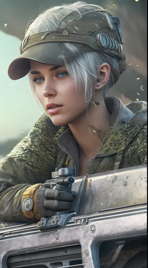 beautiful sniper girl, on the jeep, silver hair, best photo shot, realistic, full body, very short hair, Conceptual art, Action ...