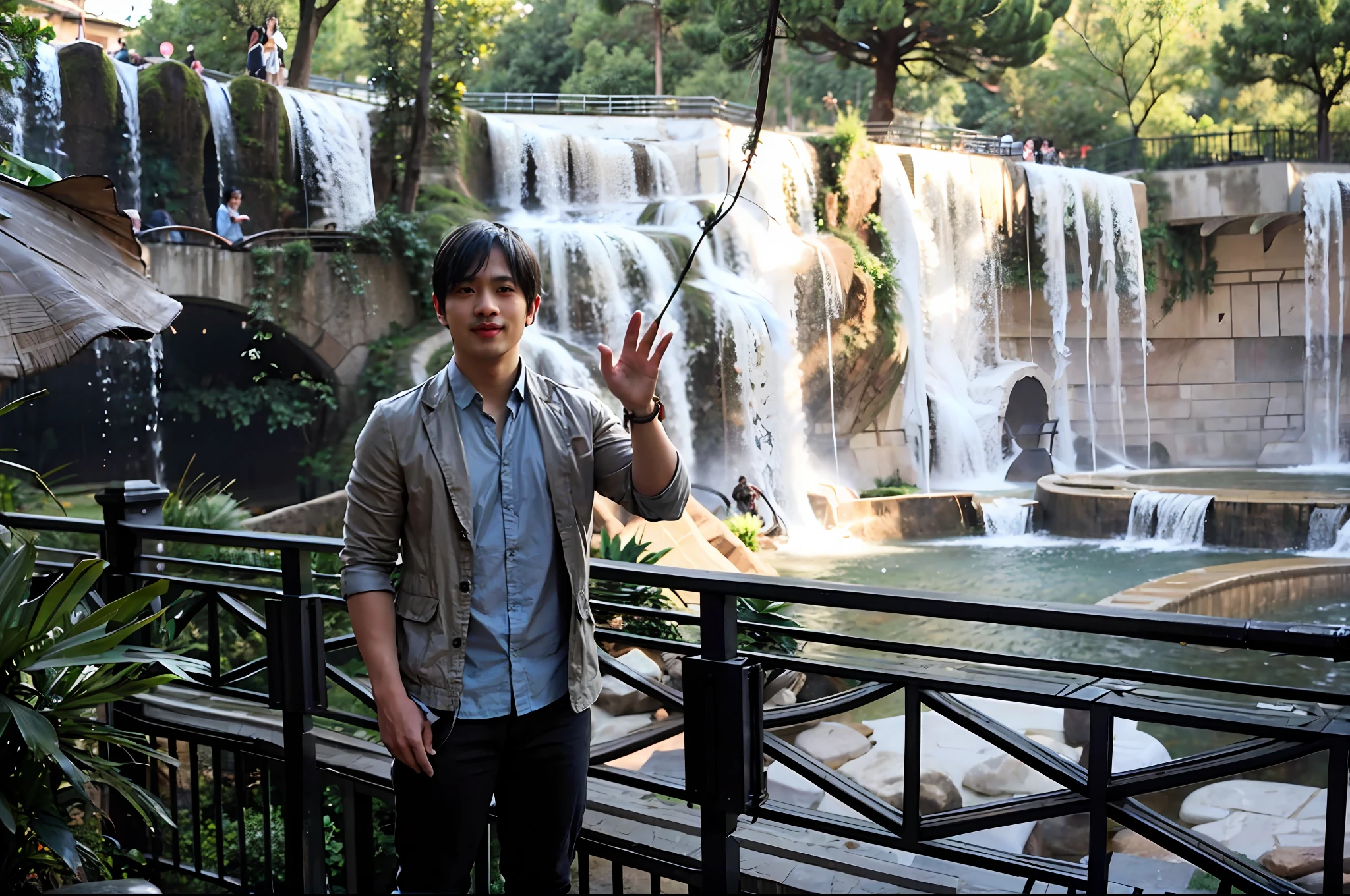 Na frente da cachoeira está um belo homem asiático，Há montanhas e água ao fundo，O homem fica no meio