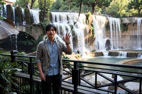 In front of the waterfall stands a handsome Asian man，There are mountains and water in the background，The man stands in the midd...