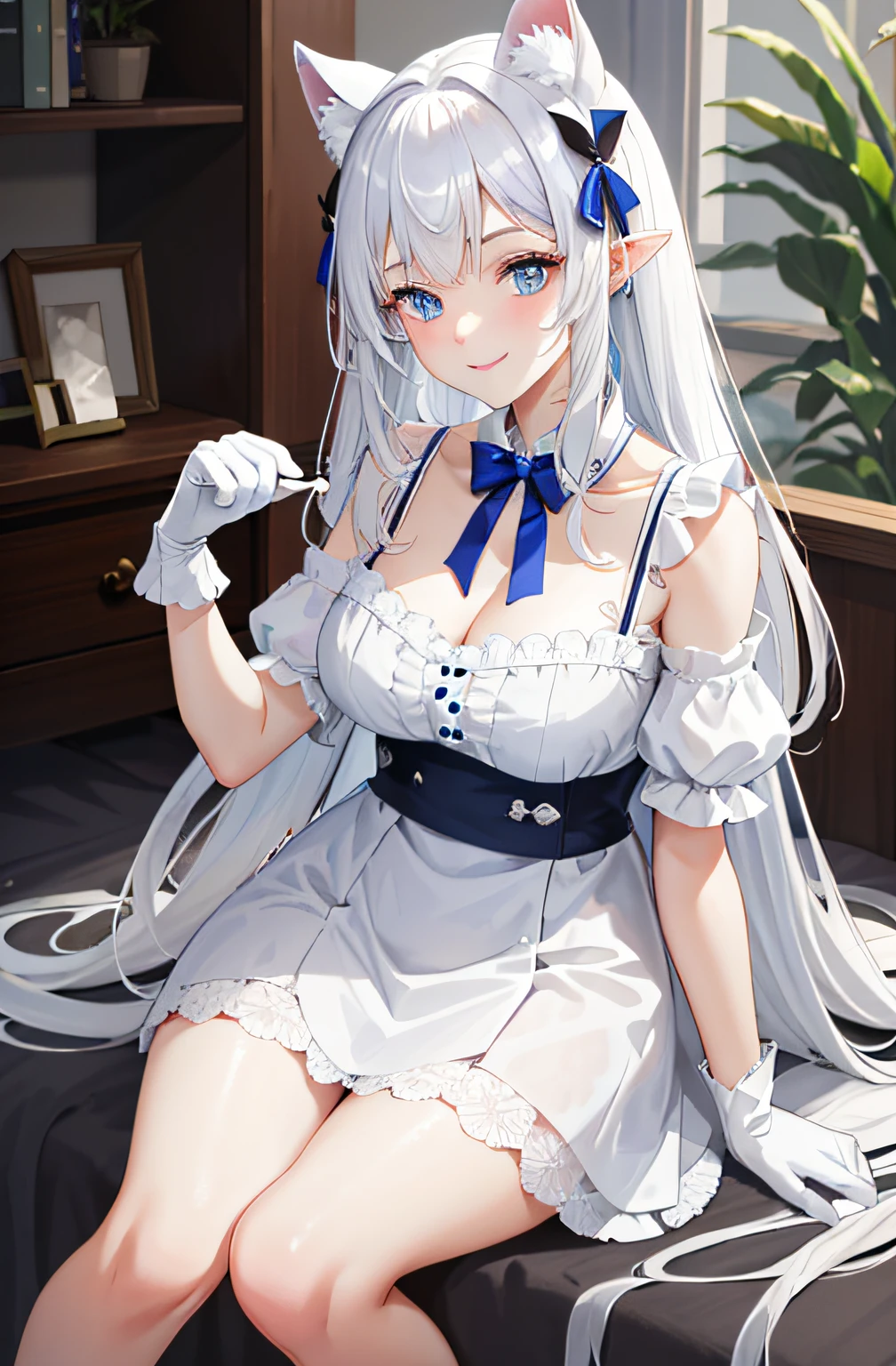 Lazy style，wide blue eyes，white color hair，Dull bangs，Beast-eared maiden，White dominant color，Seated posture，one-girl，Playing a solo piece，Lovely image，wears a white dress，Hazy and large eyes，Facial details are exquisite，white lace chemise，Leaning against the bed，Perfect picture，Cute pose，Plush cat's paw gloves，coy smile，The complexion is reddish。