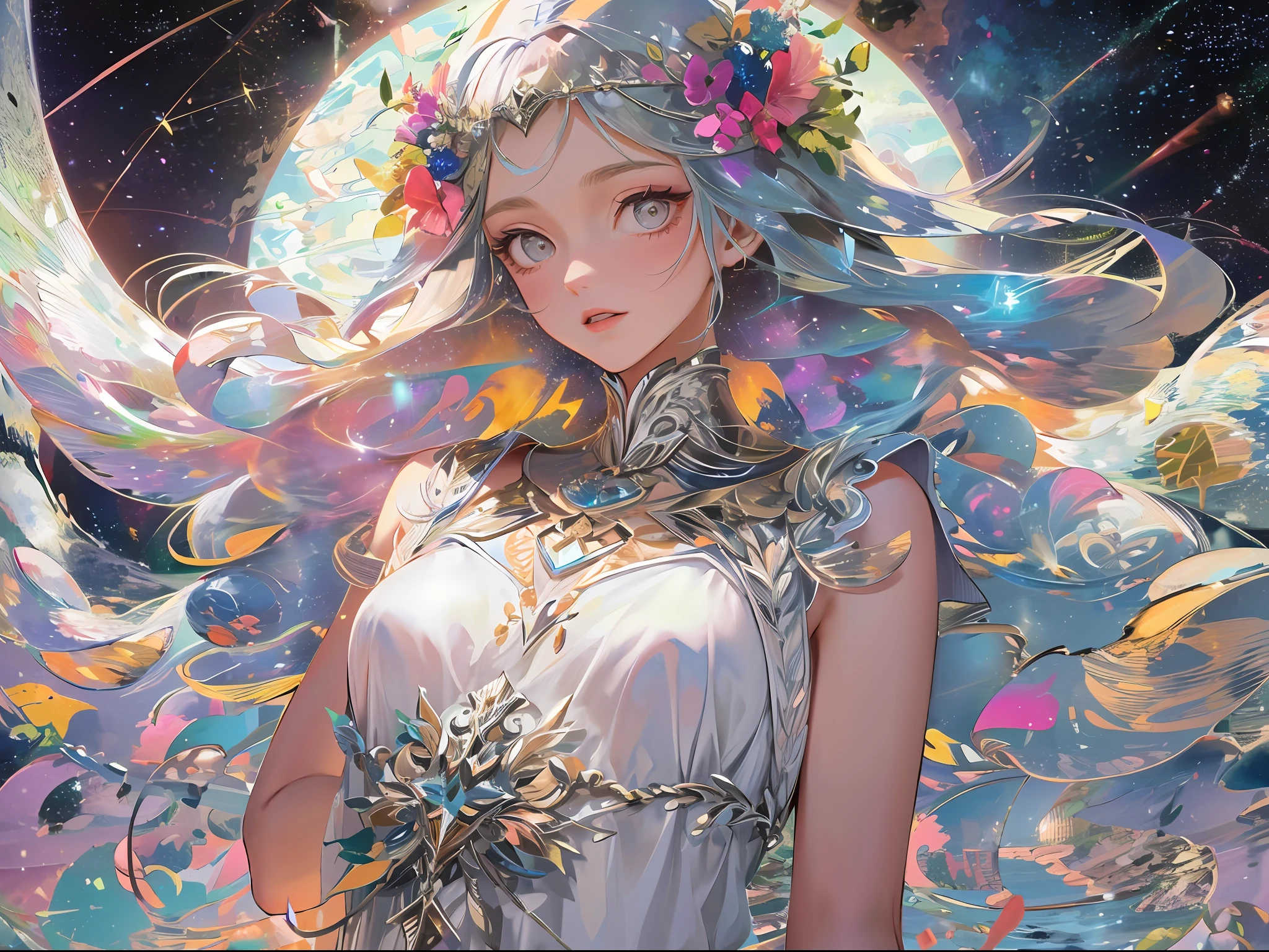 high quality, best quality, masterpiece, detailed portrait of female 1girl, long hair, (floating, space, galaxy, colorful), warm lighting, goddess, galaxy, scenery, multicolored flower crown in hair, {{{best quality}}}, {{ultra-detailed}}, {illustration}, cinematic angle, {detailed light},cinematic lighting, ancient greek dress, celestial, white tunic dress