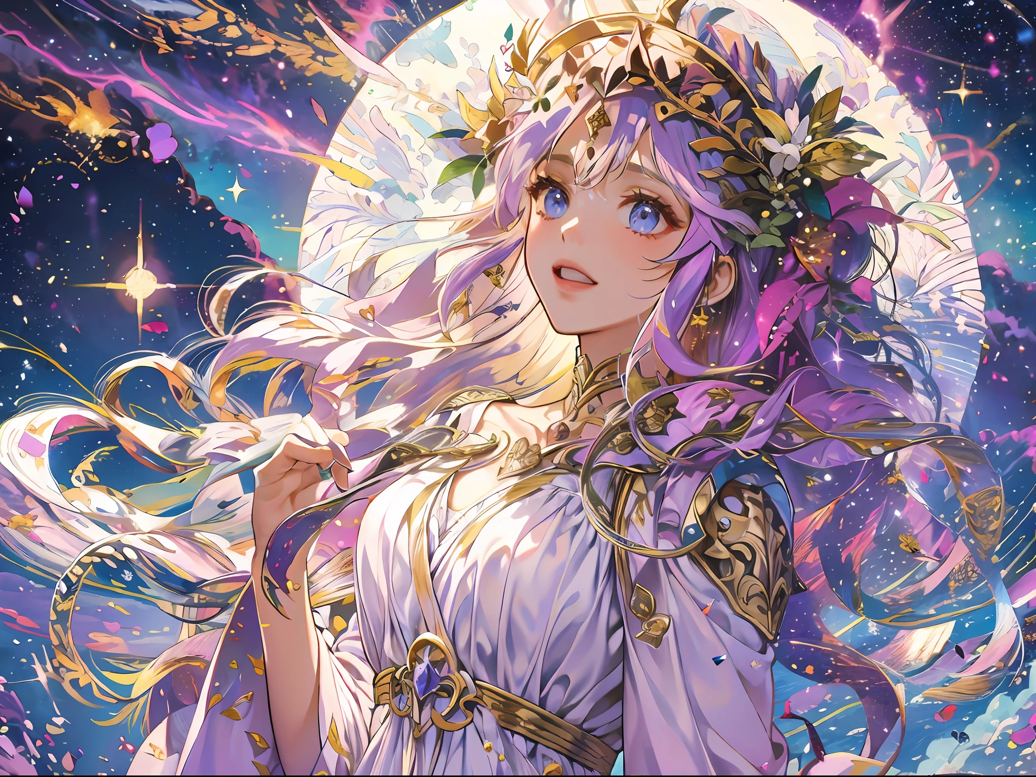 high quality, best quality, masterpiece, detailed portrait of female 1girl, long hair, (floating, space, galaxy, colorful), warm lighting, goddess, galaxy, scenery, multicolored flower crown in hair, {{{best quality}}}, {{ultra-detailed}}, {illustration}, cinematic angle, {detailed light},cinematic lighting, ancient greek dress, celestial, white tunic dress