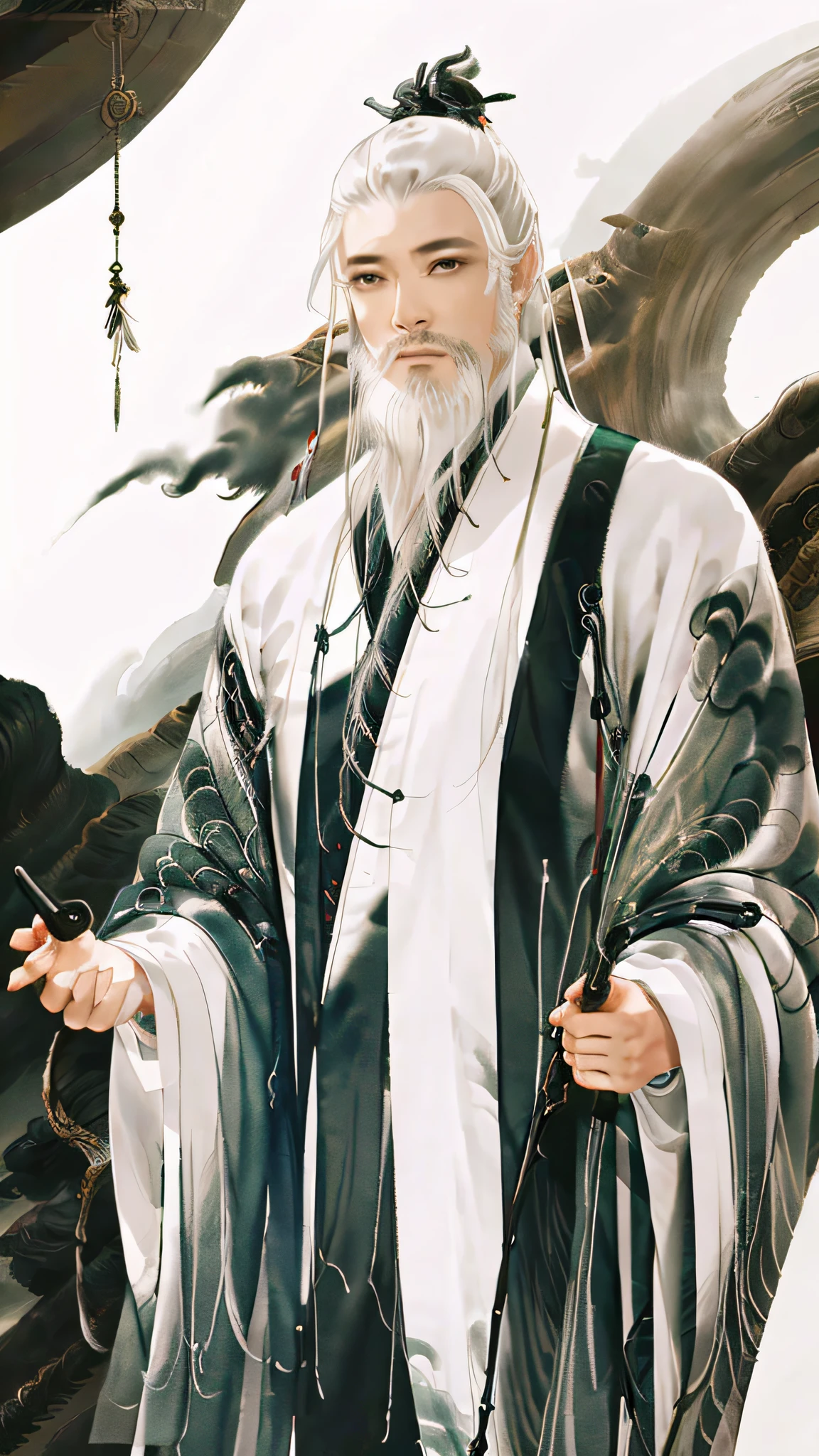 A Chinese ink painting，The painting shows a male Taoist priest wearing a Taoist robe，White hair，Long white beard，The saint holds a whisk of dust。On the table are Taoist objects such as Qi Men Bagua，Stand in front of a traditional Chinese Taoist temple，Wisps of cigarettes wafted in the air。Bamboo trees should be on both sides of the temple。Illustrations should reflect the style of traditional Chinese ink painting。Depicting Taoist monks in the traditional Chinese ink painting style，The essence that evokes the inspiration of Eastern culture and the tranquility of Taoist temples。