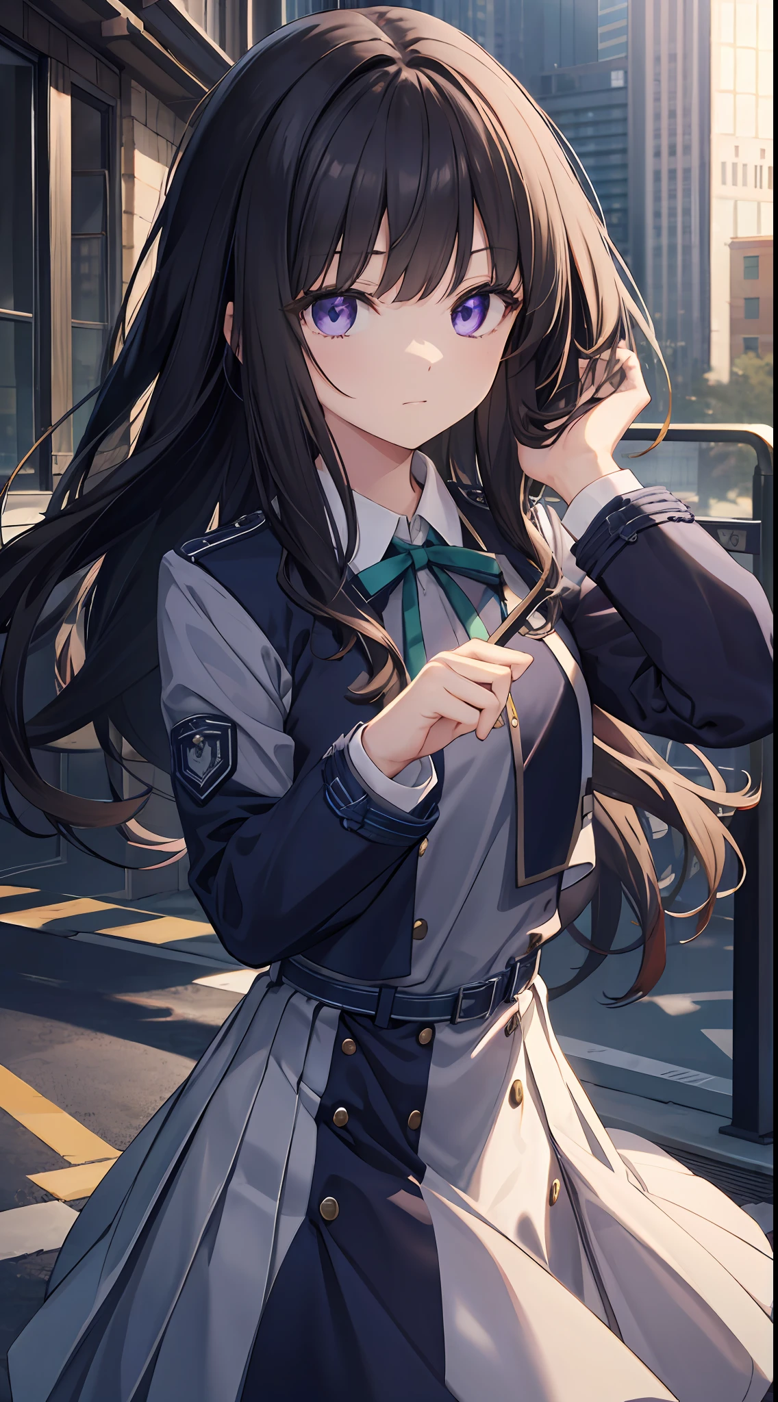 takinainoue, Inoue Takina, Long hair, bangs, Black hair, (Purple eyes:1.2), BREAK  shirt, Long sleeves, dress, ribbon, , White shirt, Collared shirt, belt, Neck ribbon, Blue dress, Green Ribbon, Pleated dress, grey dress, Two-tone dresses, Blue belt, Lycoris Uniform, BREAK outdoors, City, Break (Masterpiece:1.2), Best quality, high resolution, Unity 8k wallpaper, (illustration:0.8), (Beautiful detailed eyes:1.6), Extremely detailed face, Perfect lighting, Extremely detailed CG, (Perfect hands, Perfect anatomy),