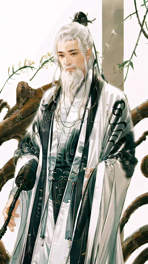 A Chinese ink painting，The painting shows a male Taoist priest wearing a Taoist robe，White hair，Long white beard，The saint holds...