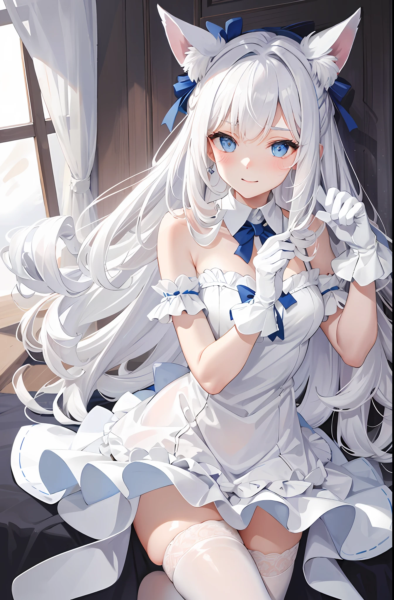 Lazy wind，wide blue eyes，White hair，Dull hair，Beast-eared maiden，White tones，sitted，1girll，Solo，adolable，white dresses，Big hazy eyes，Facial details are exquisite，Beth，onbed，Impeccable，Cute pose，Plush cat's paw gloves，Shy laugh，The complexion is reddish