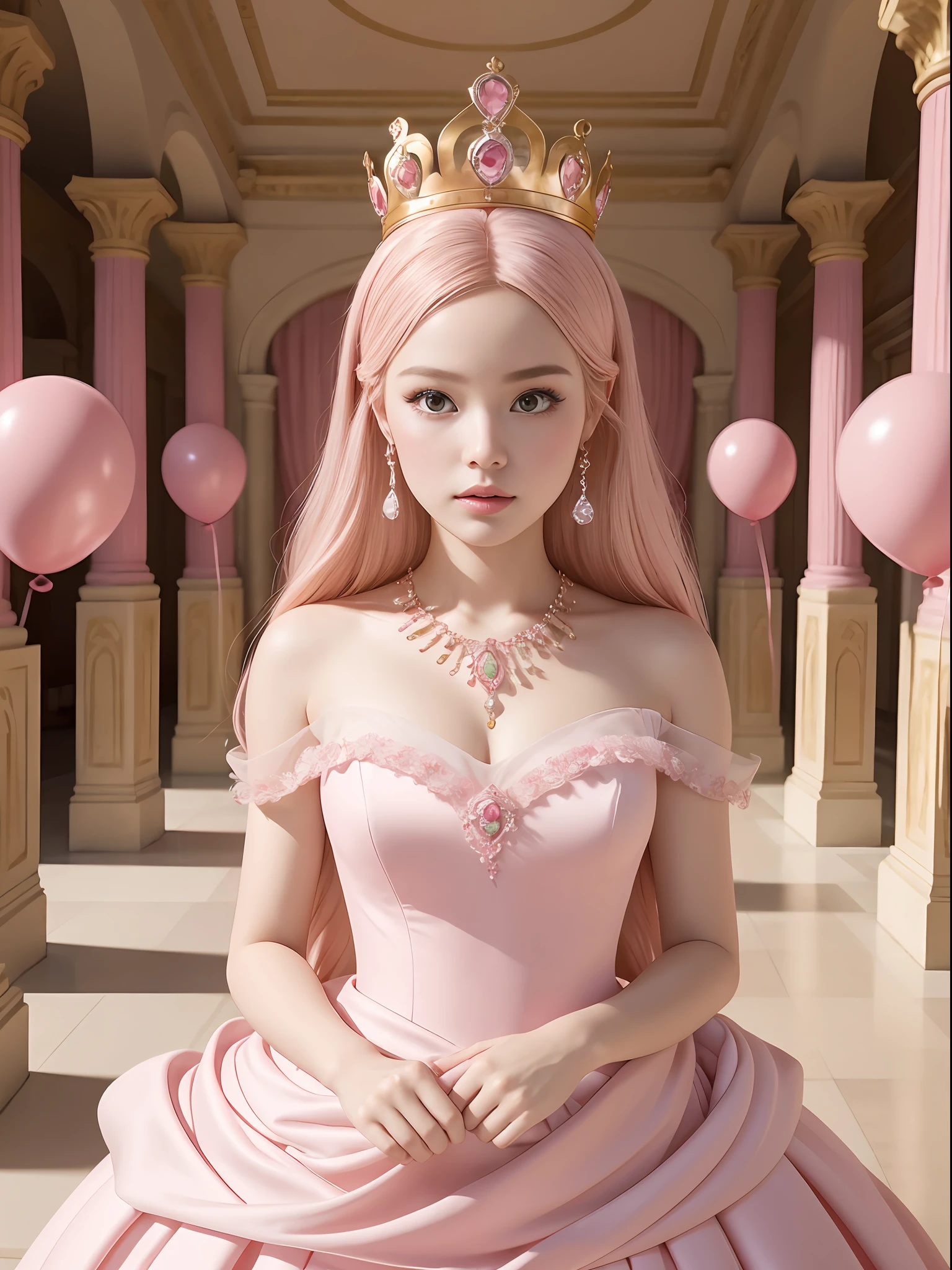 Uma princesa Barbie usando um lindo vestido rosa, Usando uma linda coroa, Uma fotografia interior de um labirinto de monumental, balões rosa inflados, uma instalação de arte de Martin Creed, ((tiro de corpo inteiro)), fundo rosa, rosto delicado, Pele branca, Características faciais delicadas, características faciais perfeitas, retrato de cabelo delicado, retrato de olhos delicados, Qualidade de imagem 8K, sentido da atmosfera, a mais alta qualidade, obra-prima, detalhe extremo, alta resolução, primeiro plano desfocado, escorço, alta qualidade, Obra de arte, melhor qualidade