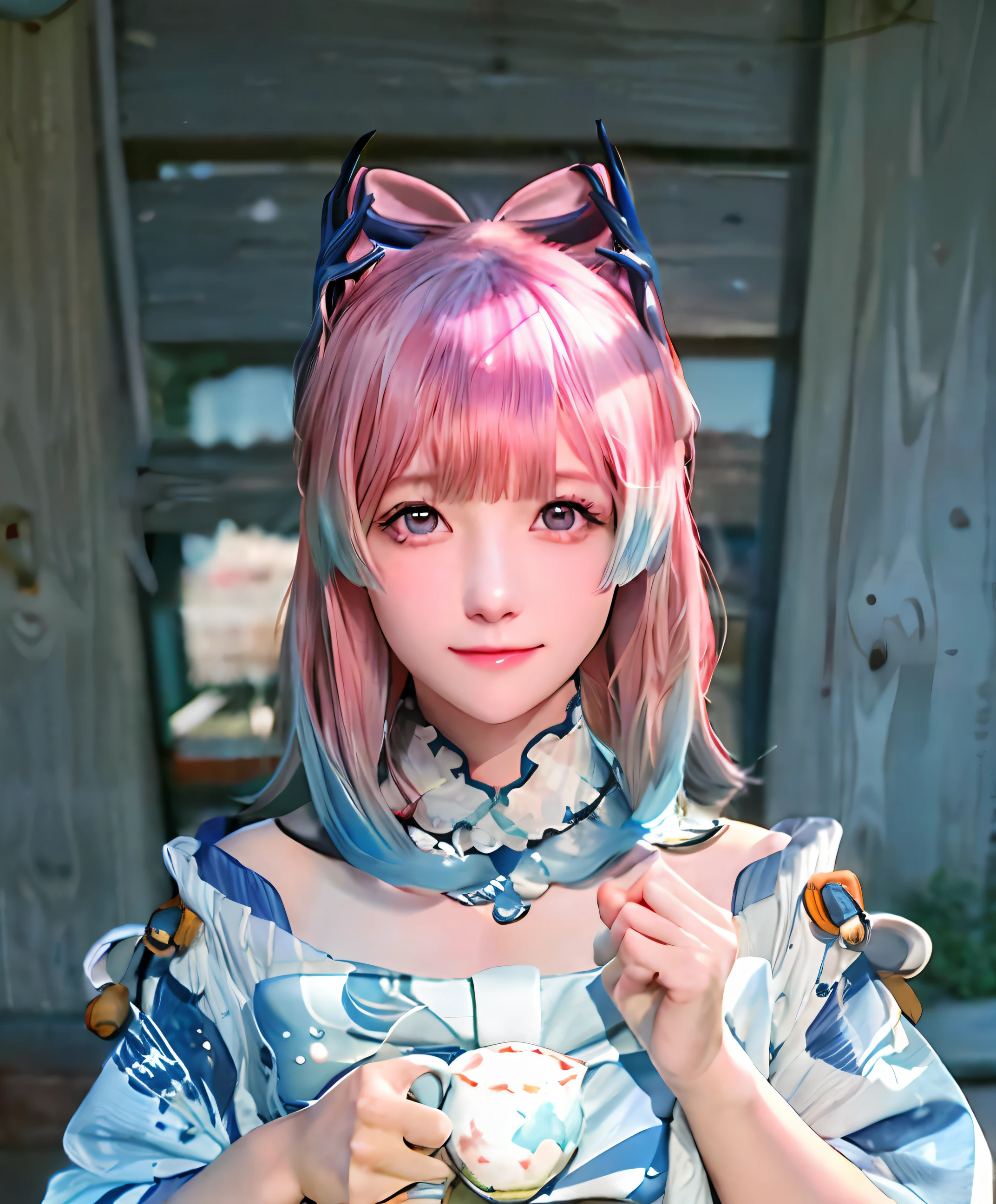(Realistic painting style:0.9),tmasterpiece,Best quality,Look at the viewer,Solo,sangonomiya kokomi,1girll,Daily service,komono,head gear,Solo,Pink hair,ssmile,Look at the viewer,Bow-style hair，florals，long whitr hair，By bangs，Wide sleeves，Colorful hair，Ruffled sleeves，Holding，hairflower，obi strip，（Closed-Mouth：1.2），Printing，obi strip，longer sleeves，eBlue eyes，bluntbangs，New Year，The upper part of the body，Gradient hair，Spare clothing，Purple eye，:D，frilld，Blushlush，Kimono with white，blue hairs，colored tips，print kimono