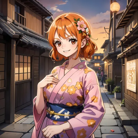 Cute little girl s,round and brown eyes、Orange hair color、no-bra、Medium Long Straight Hairstyles、Wearing a yukata with a white and pink floral pattern、Fireworks Festival、a smile、Have apple candy、natta、Wearing hair ornaments