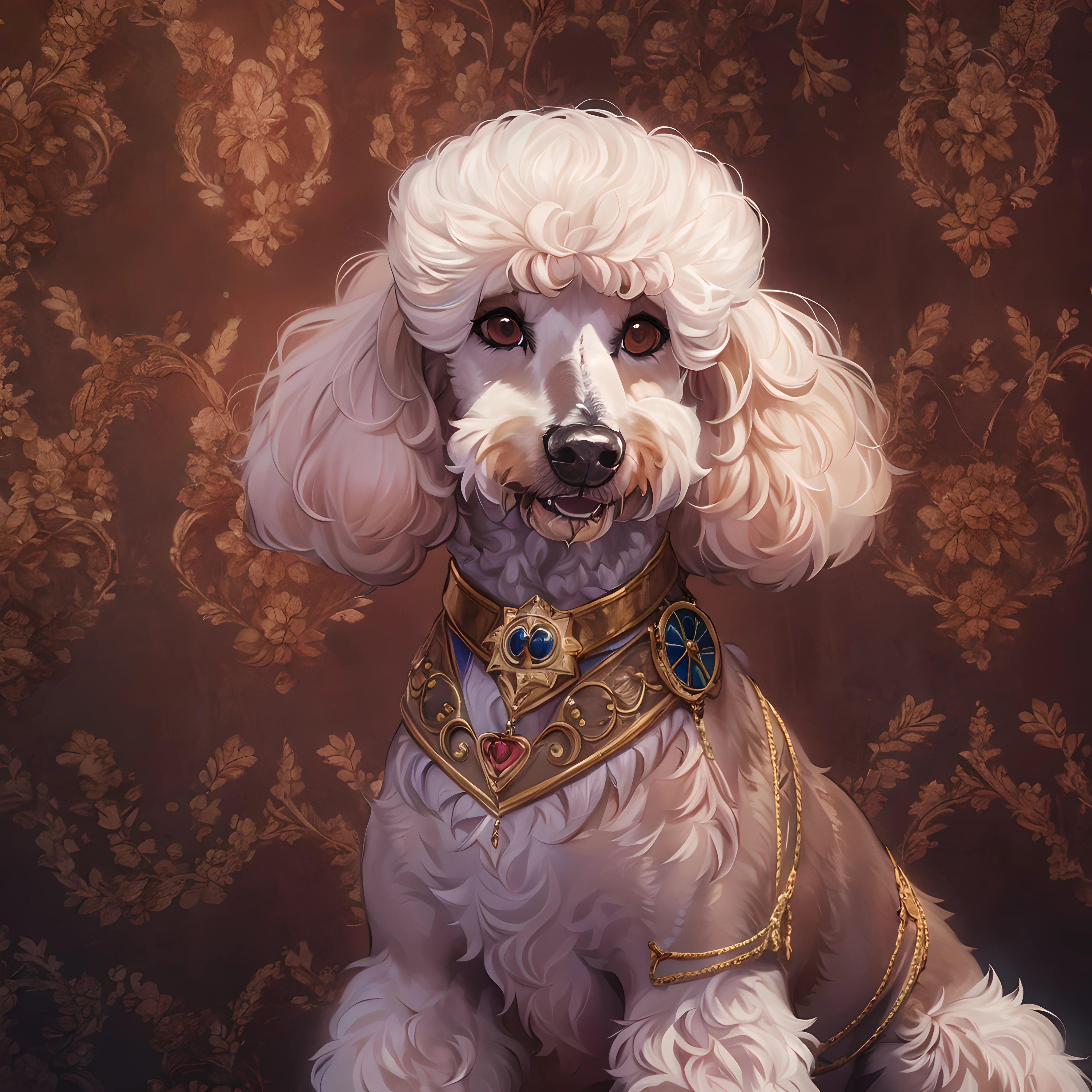 poodle, noble, Elegance, Luxurious attire, A variety of colors, Aristmood, Aristocratic background, ultra-definition, ​masterpiece, super detaill, extremely high quality, The ultra-Highres, 8k, HDR, Sharp focus, precisely anatomy, fine art, Very clear background, sole, Creative, Sharp every detail,