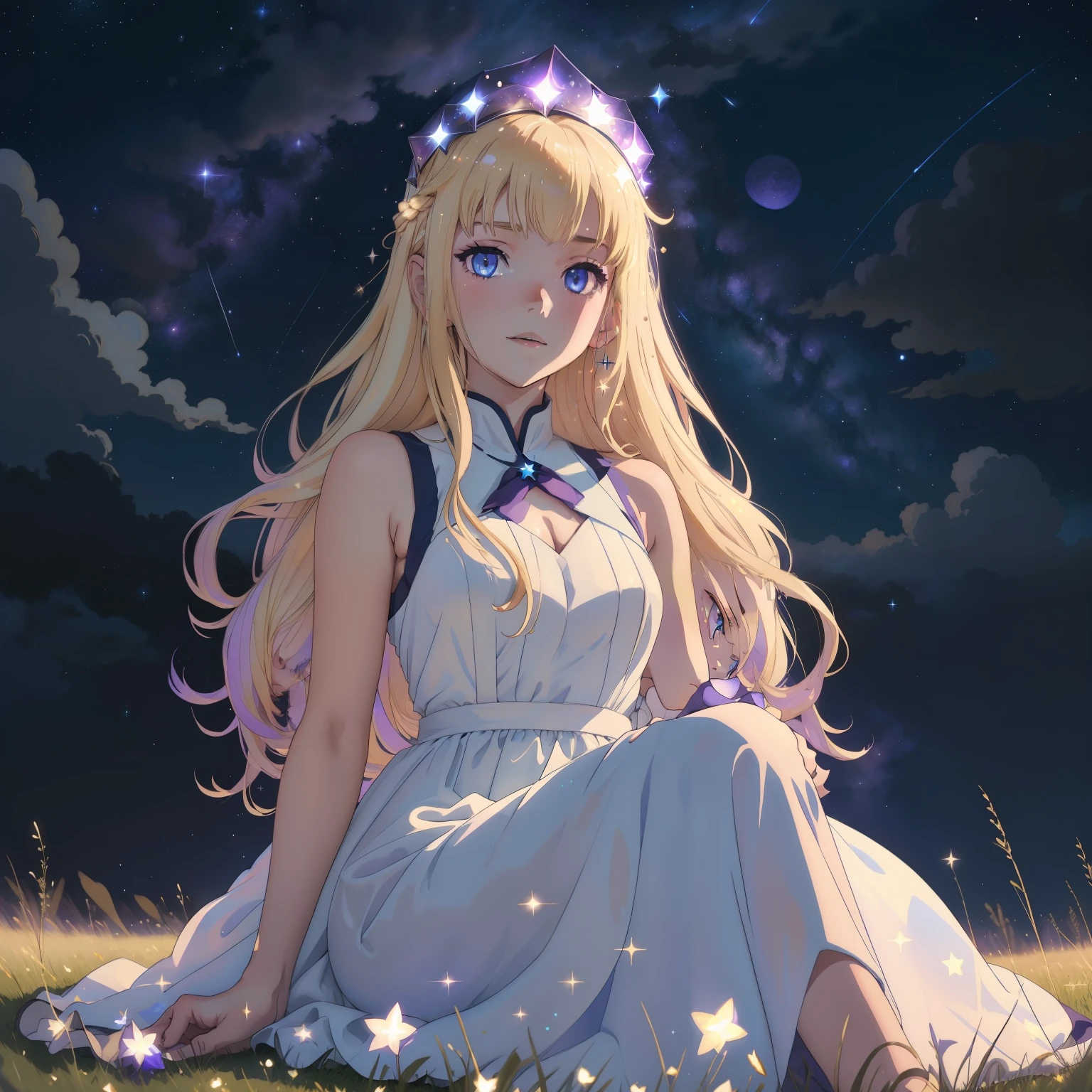 淡い青紫色の目をした明るいブロンドの髪のアニメの女の子が、キラキラ光るノースリーブの天体のような半透明のロングドレスを着て、暗い不吉な星空の下の暗い草の上に一人で座っている。, 空に流れ星, 彼女の髪に無数の小さな星が輝いている
