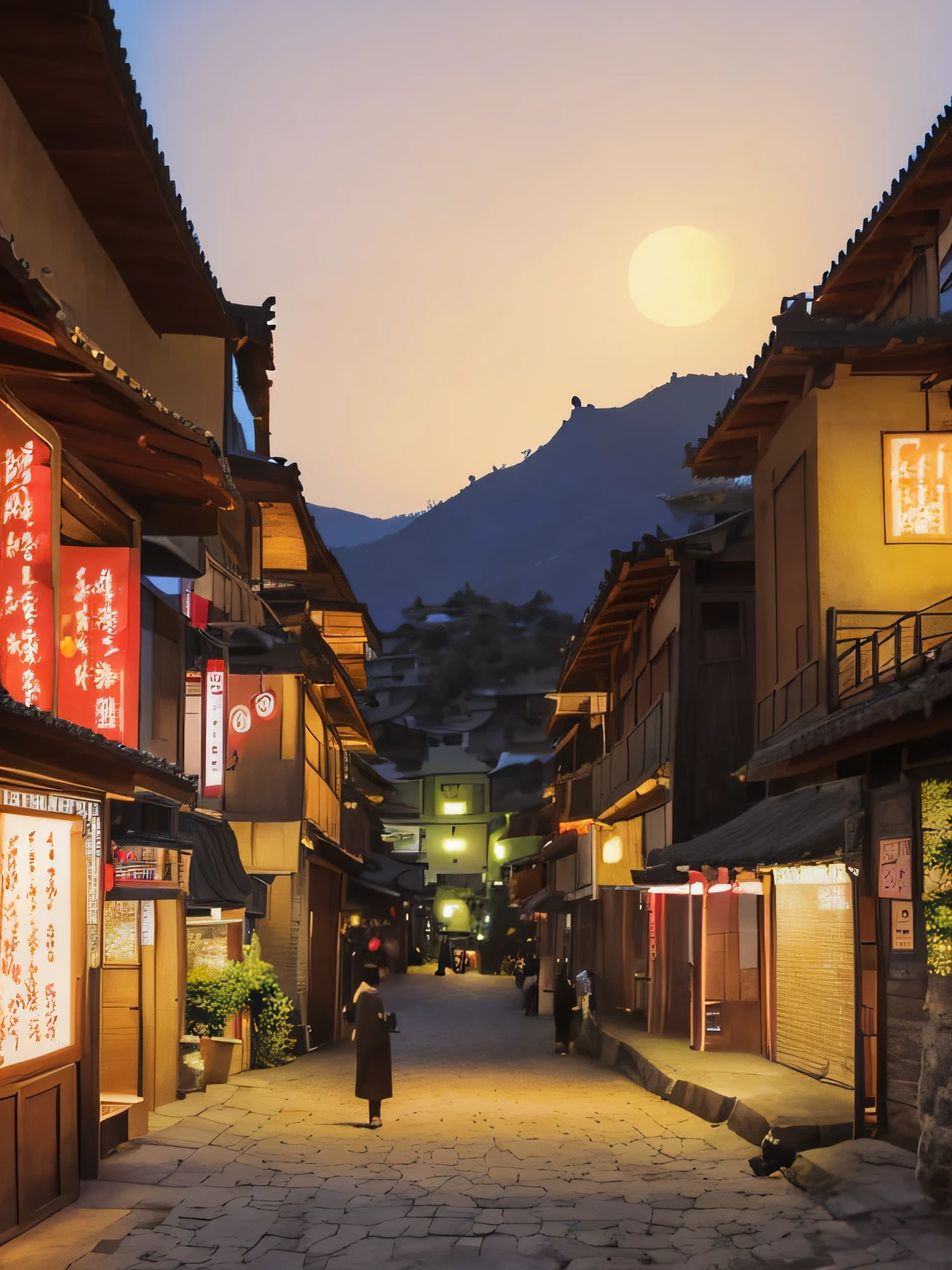 People walk the streets of the village at night, dreamy Chinese towns, like jiufen, At dusk, In the evening, As night fell, Summer evening, scenic view at night, Chinese village, evening at dusk, dusk setting, guangjian, early evening, At night, night shot, mountains and a huge old city, Night view, At dusk!