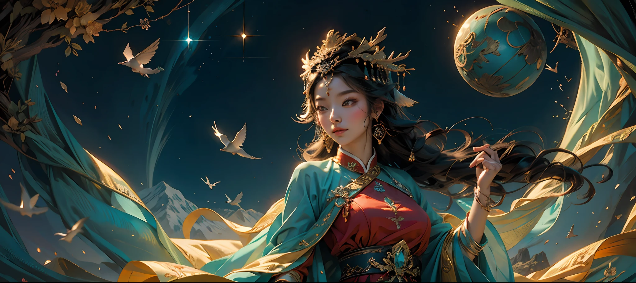 官方艺术，中国女神，坐落于壮丽的山脉和河流之间，穿着华丽的仙女服装，（无数恶棍在你面前：1.3），俯瞰群山，湖水呈绿松石色。鸟儿歌唱，鲜花盛开，（极其详细：1.4），杰作，超细，最好的品质，8K分辨率，