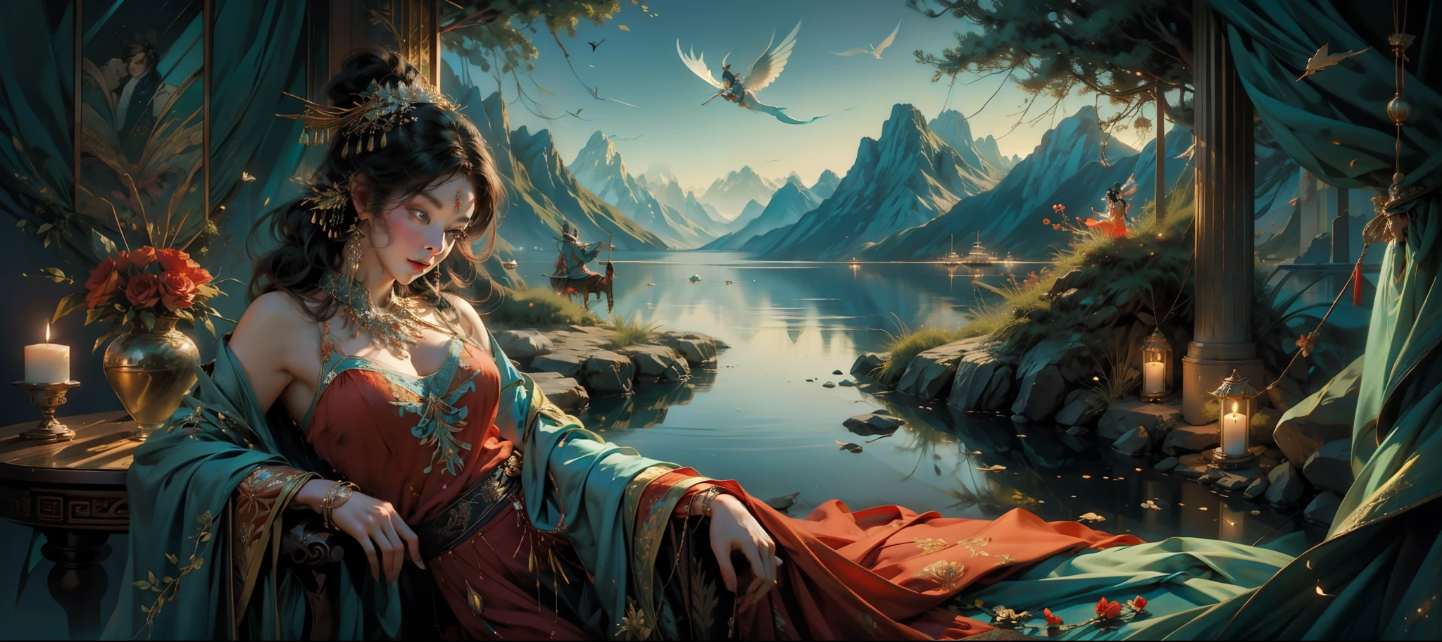 官方艺术，中国女神，躺在壮丽的山川之间，穿着华丽的仙女服装，（面前有无数恶人：1.3），远眺群山峻岭，湖水呈绿松石色。鸟儿歌唱，鲜花盛开，（极其详细：1.4），杰作，超细，最好的品质，8K分辨率，