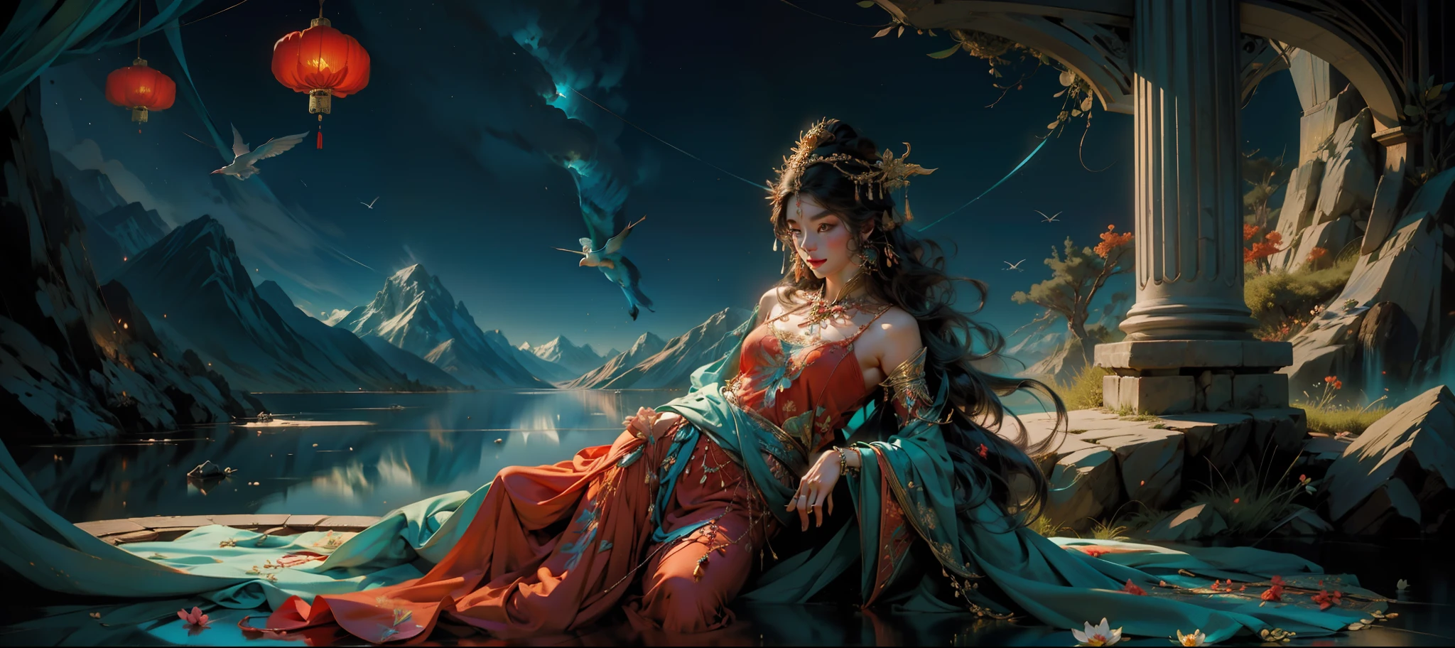 官方艺术，中国女神，躺在壮丽的山川之间，穿着华丽的仙女服装，（面前有无数恶人：1.3），远眺群山峻岭，湖水呈绿松石色。鸟儿歌唱，鲜花盛开，（极其详细：1.4），杰作，超细，最好的品质，8K分辨率，