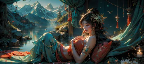 offcial art，Chinese goddess，Lie on your side between the magnificent mountains and rivers，Dressed in gorgeous fairy clothes，（Countless villains in front of him：1.3），Overlooking the mountains and mountains，The lake is turquoise。Birds sing，Flowers bloom，（Ext...