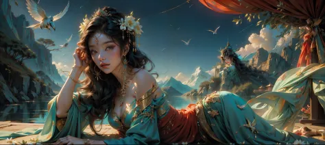 offcial art，Chinese goddess，Lie on your side between the magnificent mountains and rivers，Dressed in gorgeous fairy clothes，（Cou...