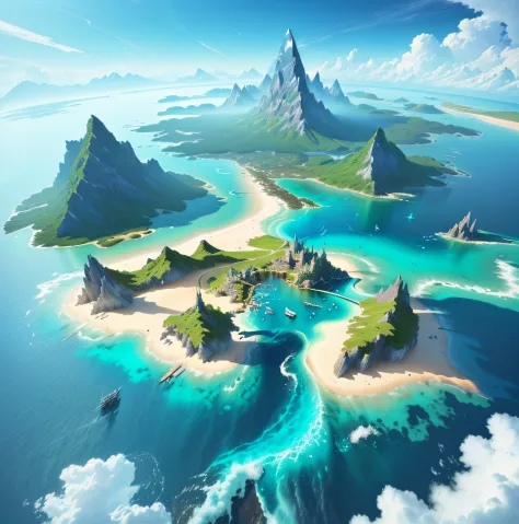 Image of a group of islands in the ocean，Multiple small islands，isometry，mistic，magia，fanciful，The background is a mountain, Island background, game key art, Official Splash Art, isometric 3d fantasy island, environmental key art, fantasy world concept, sp...