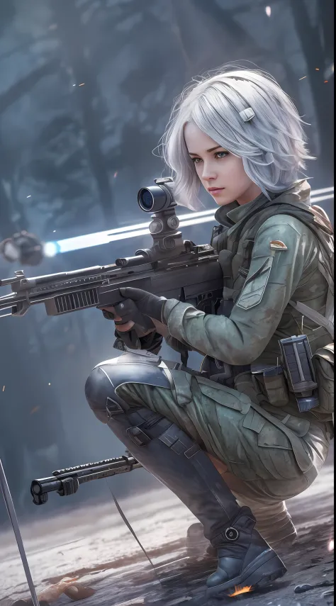 beautiful sniper girl, silver hair, best photo shot, realistic, full body, very short hair, Conceptual art, Action painting, spa...
