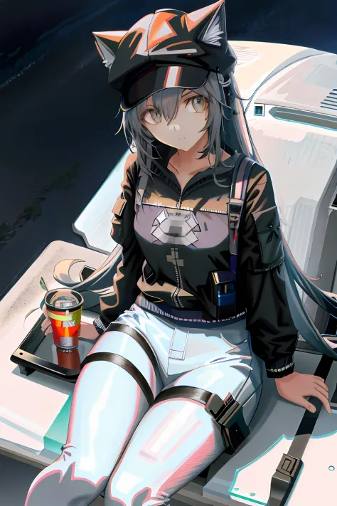 show the best 4k anime wallpapers in sci-fi style，an anime girl holding an energy drink，wearing a cute cat hat，immerse yourself ...