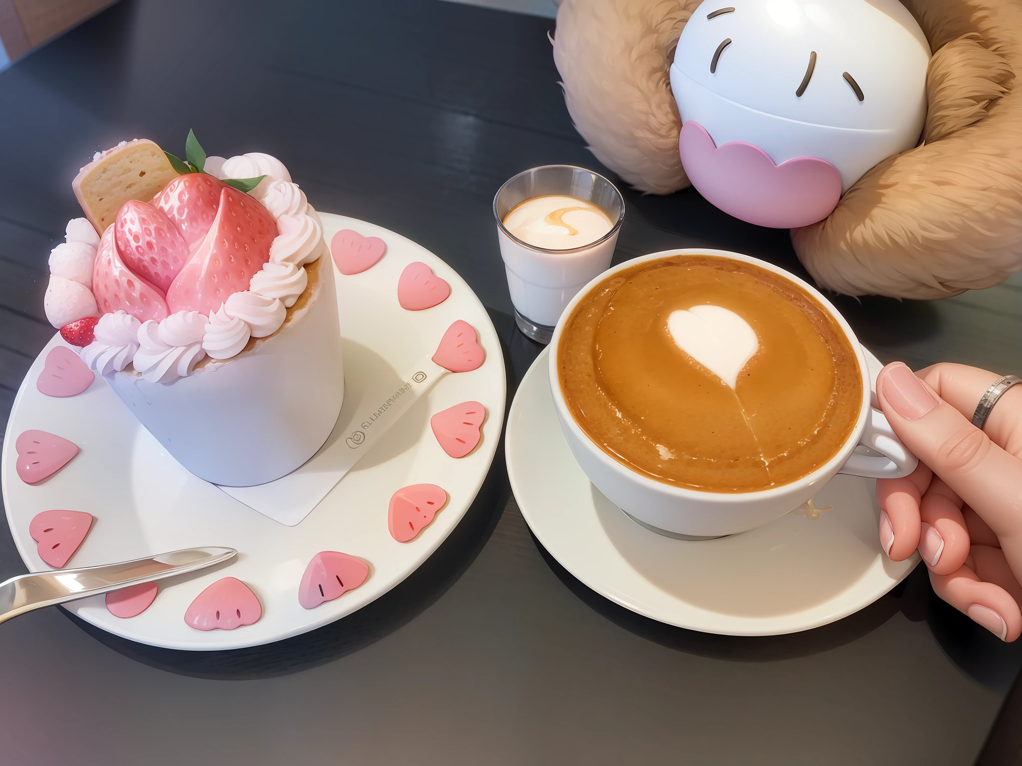 Someone with a spoon and a cup of coffee，Cake on top, 🎀 🗡 🍓 🧚, Cute:2, 🎀 🧟 🍓 🧚, delicacy, ❤🔥🍄🌪, japanese akihabara cafe, kawa, 🪔 🎨;🌞🌄, Cafe, cafe for felted animals, Cake in hand, Good morning