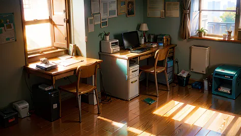 There was a desk with computer and printer in the room, studio ghibli sunlight, taken with a Sony A7R camera, Realistic afternoon lighting, cinematic morning light, afternoon lighting, in a japanese apartment, morning lighting, studio glibly makoto shinkai...