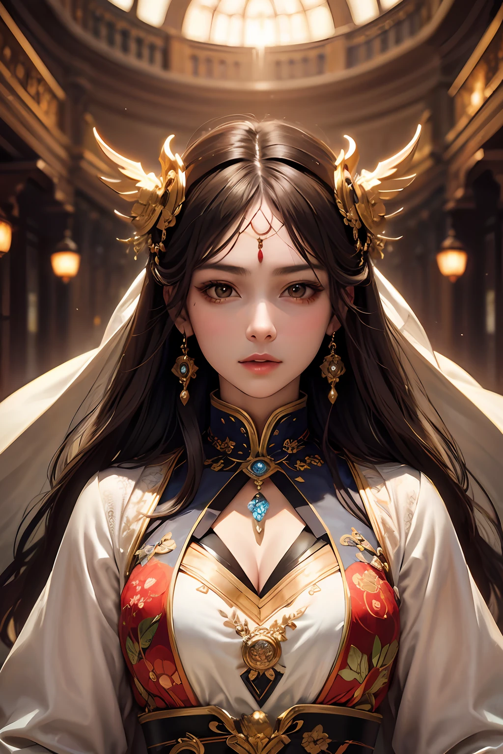 Single female portrait，immortal，cultivating immortals，Magic Array，Gorgeous costumes，中景 the scene is，ancient wind，Best quality，hyper-high detail，A high resolution，8K，Delicate face and facial features，glowing light eyes，Artistic lighting，Artistic background