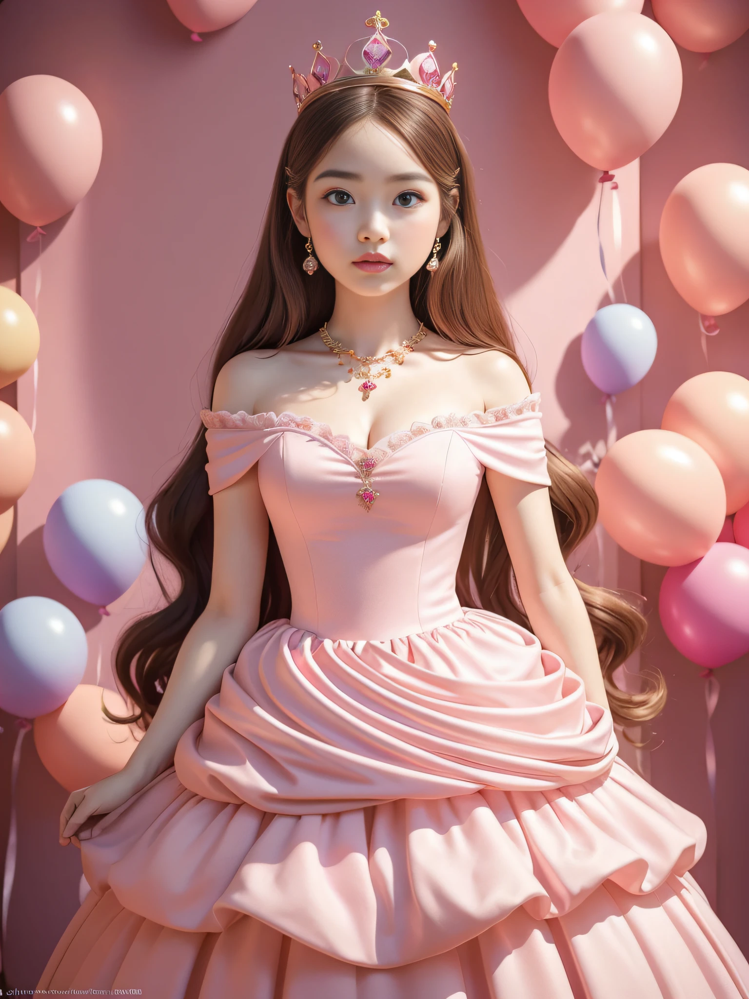 A Barbie princess wearing a lovely pink lightweight dress, wearing a beautiful crown, an indoor photography of a labyrinth of monumental, inflated pink balloons, an art installation by Martin Creed, ((Full body shot)), pink background, delicate face, white skin, delicate facial features, perfect facial features, delicate hair portrayal, delicate eyes portrayal, 8k picture quality, atmosphere sense, the highest quality, masterwork, extreme detail, high resolution, blurry foreground, foreshortening, high quality, Masterpiece, best quality